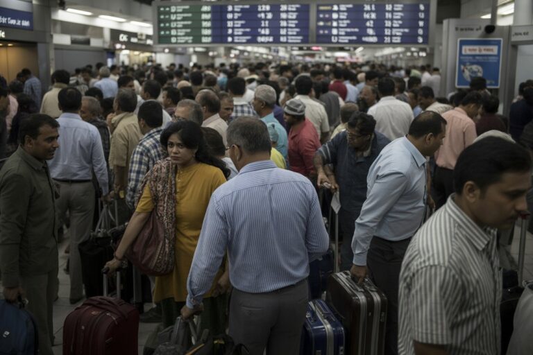 Crowded airport check-in area with travelers carrying rolling luggage and a large flight information board overhead.