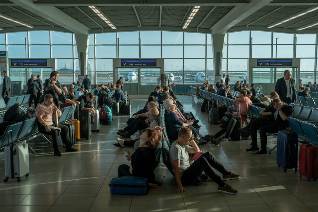 People wait in a spacious airport terminal with suitcases, rows of blue chairs, and large windows showing planes on the tarmac outside.