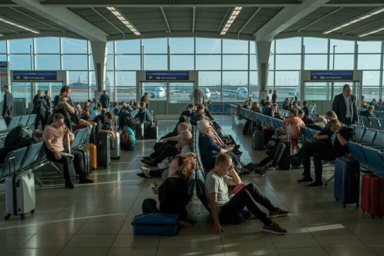 People wait in a spacious airport terminal with suitcases, rows of blue chairs, and large windows showing planes on the tarmac outside.