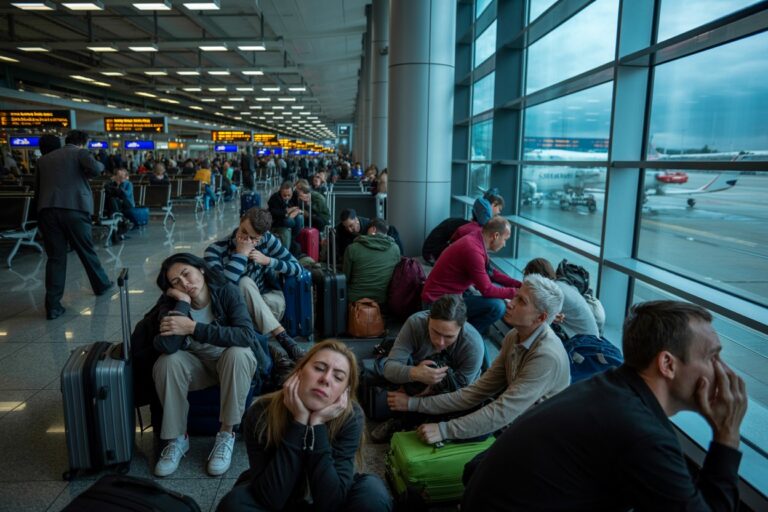 Crowded airport terminal with travelers sitting among piles of luggage near large glass walls and planes outside.