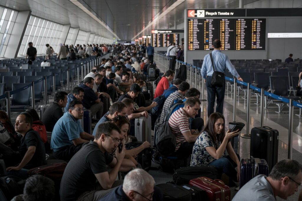 Crowded airport terminal with travelers seated along rows of chairs and many suitcases, a man stands by blue barriers, and a large flight information board is visible in the background.