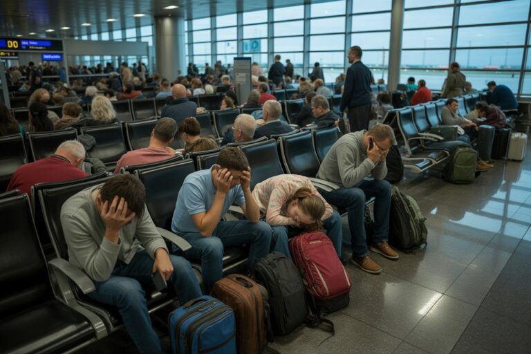 Busy airport boarding area with passengers seated in rows, many looking tired or stressed; several travelers rest foreheads on hands beside suitcases in the foreground.