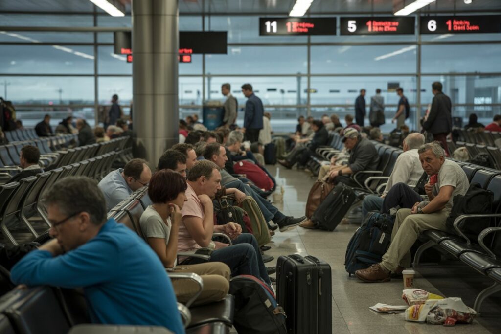 Passengers sit in a crowded airport departure hall with suitcases and snack wrappers on the floor.