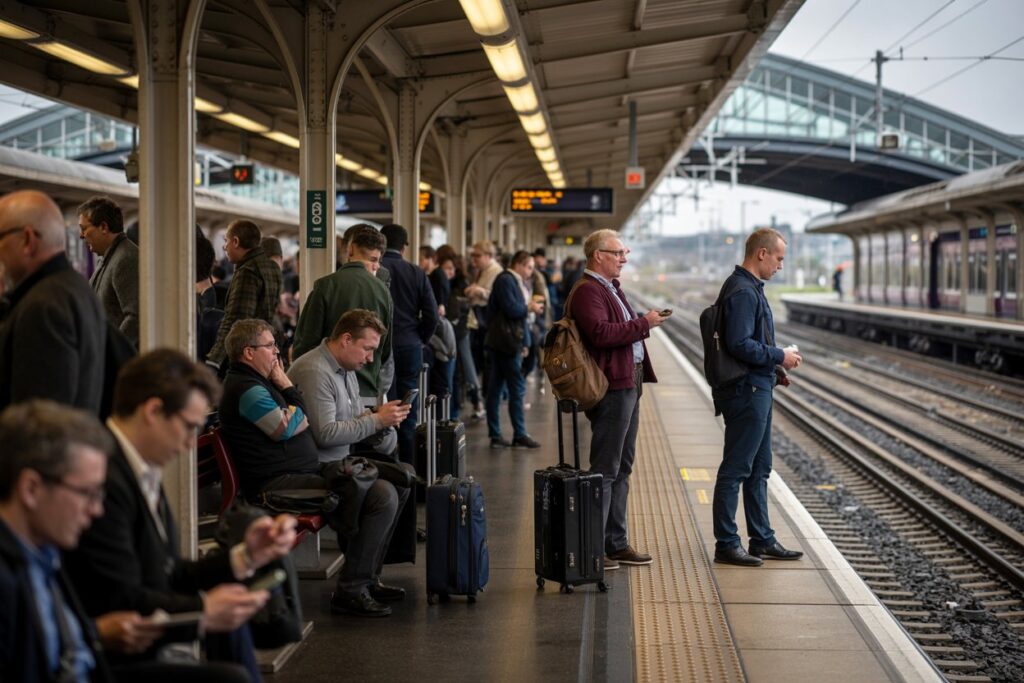 Crowded train platform with passengers waiting, many with rolling suitcases and bags.