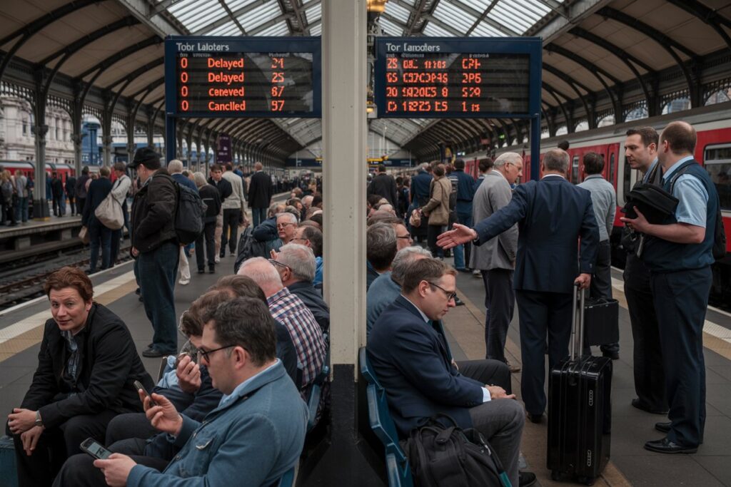 Crowded train platform with passengers sitting and standing, two large electronic boards showing delays and train info in the background.