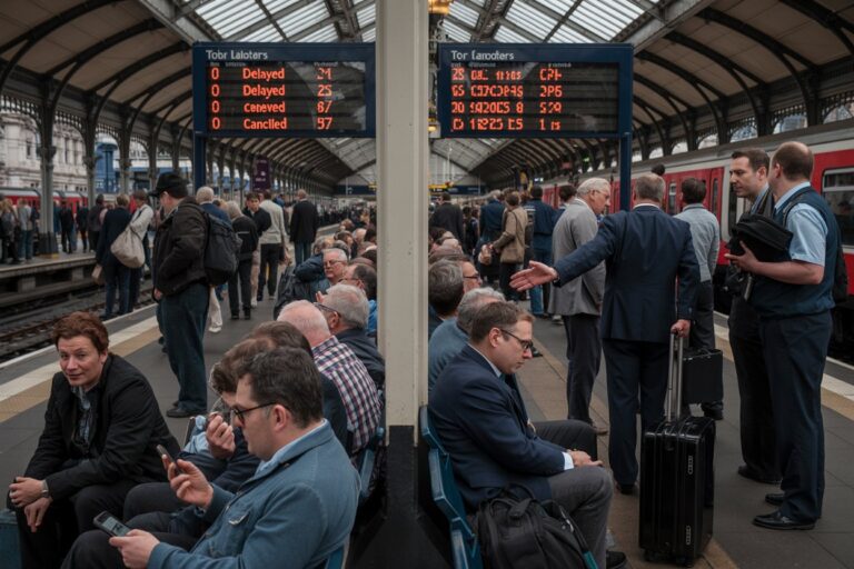 Crowded train platform with passengers sitting and standing, two large electronic boards showing delays and train info in the background.