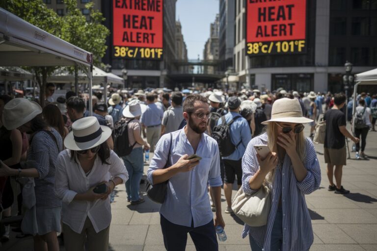 Crowded city street market on a hot day, people looking at phones with bold 'EXTREME HEAT ALERT' signs in the background.