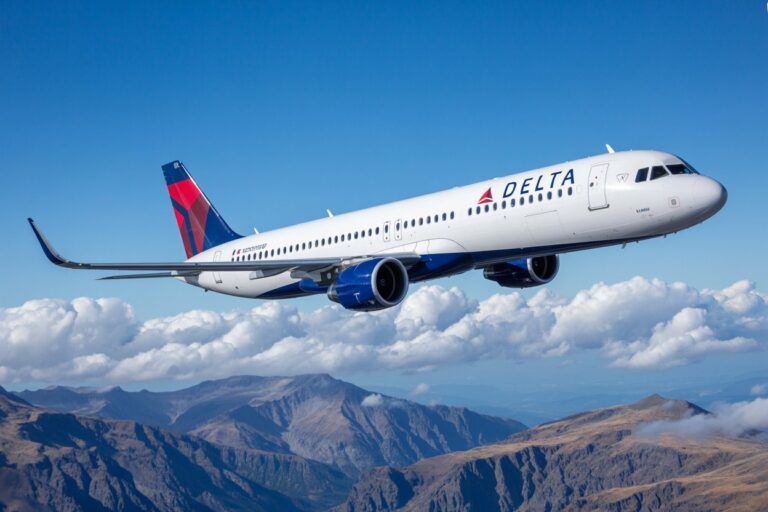 Delta airliner flying above a mountain range with white clouds and a blue sky behind it.