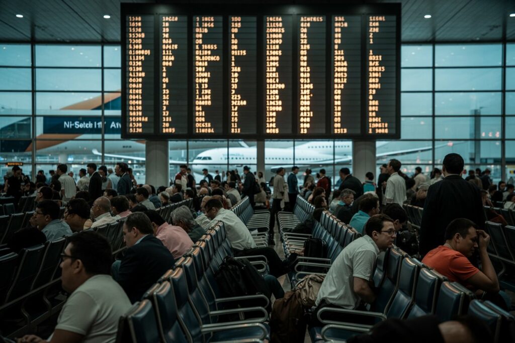 Busy airport departure hall with a large flight information board overhead and rows of blue seats filled with travelers.
