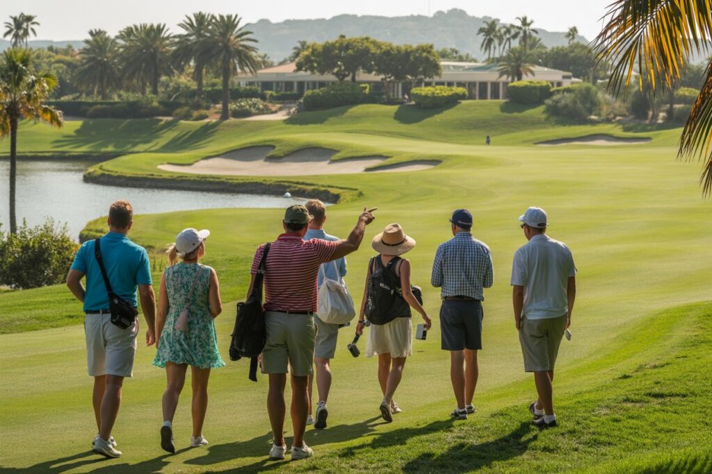 Group of people walking together on a sunny golf course, carrying bags and clubs toward the green.