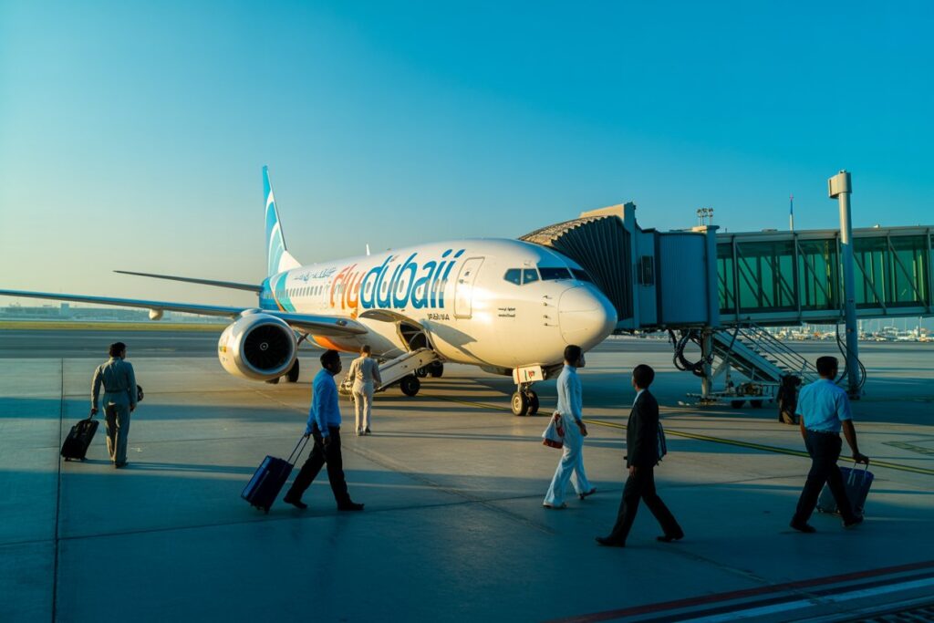A Flydubai aircraft is parked at a gate with a jet bridge as travelers walk with luggage on the tarmac.