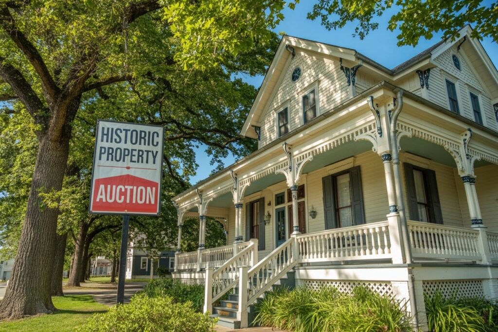 Victorian-style house with a front porch and a sign that reads 'Historic Property Auction' in the yard.