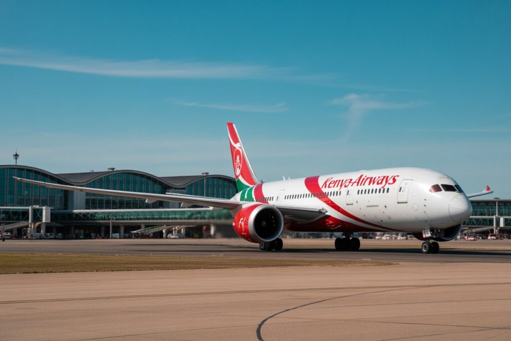 Kenya Airways wide-body aircraft on a taxiway beside a glass terminal under a clear blue sky.