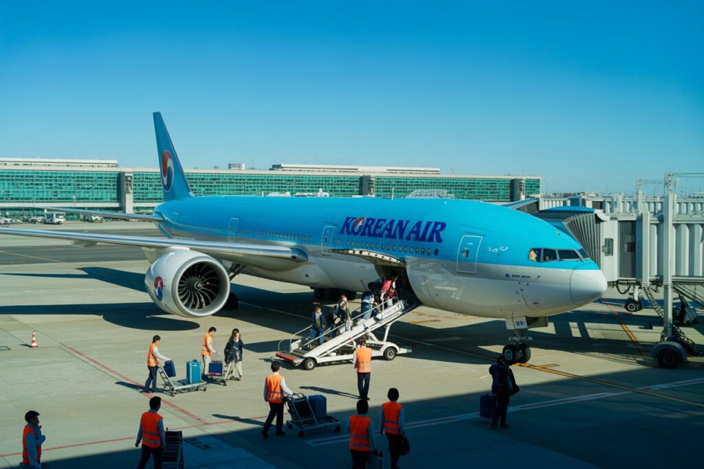 Korean Air wide-body jet at the gate with passengers boarding via mobile stairs and ground crews in orange vests nearby, on the tarmac.