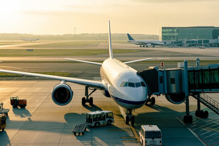 White passenger jet at a gate with a jet bridge attached, ground vehicles nearby, during sunset.