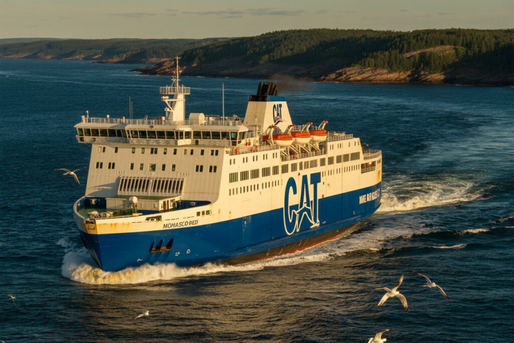 Large blue-and-white passenger ferry with a CAT logo, sailing through calm blue water near a forested coastline; seagulls fly nearby.