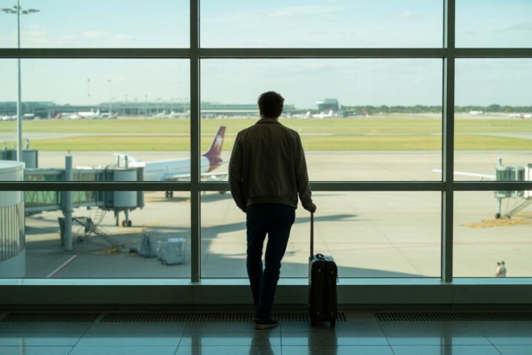 Silhouette of a man with a rolling suitcase standing at an airport gate, gazing at planes on the runway outside the glass windows.