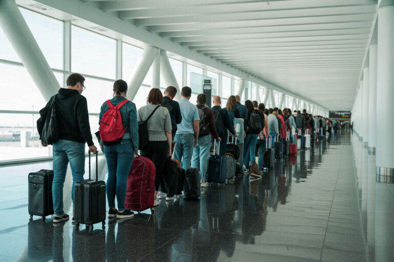 Line of travelers with rolling suitcases waiting in a bright airport terminal corridor.