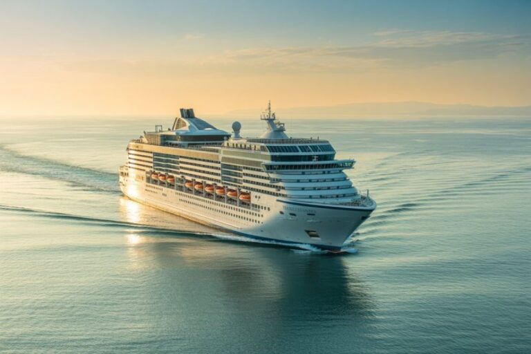 Large white cruise ship sailing through calm ocean at sunset, wake trailing behind.