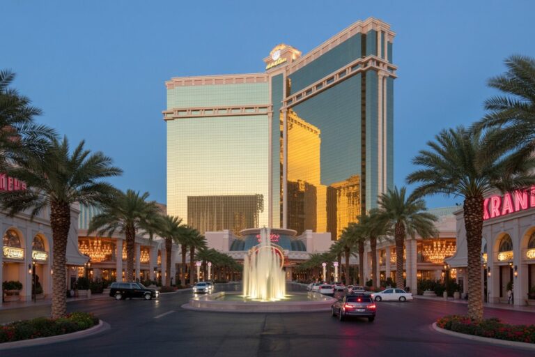Reflection-filled Las Vegas Strip scene with a central fountain, palm trees, and a tall glass hotel at dusk.