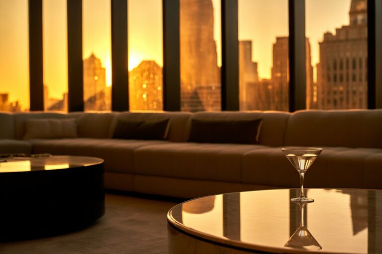 Golden sunset fills a lounge with a beige sectional sofa; a glass of martini sits on a glossy round coffee table in the foreground.