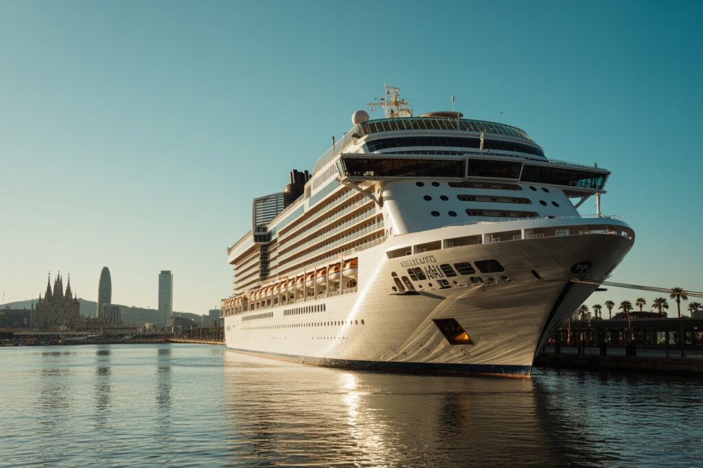 Large white cruise ship docked at a harbor with calm water and a city skyline in the background