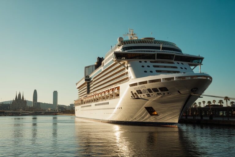 Large white cruise ship docked at a harbor with calm water and a city skyline in the background