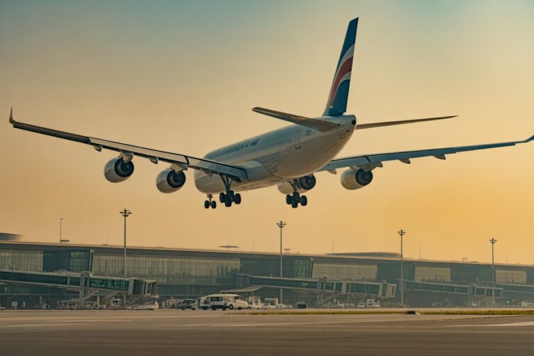 Large commercial airplane descending toward the runway at an airport during sunset, with the terminal building and ground vehicles in the background.