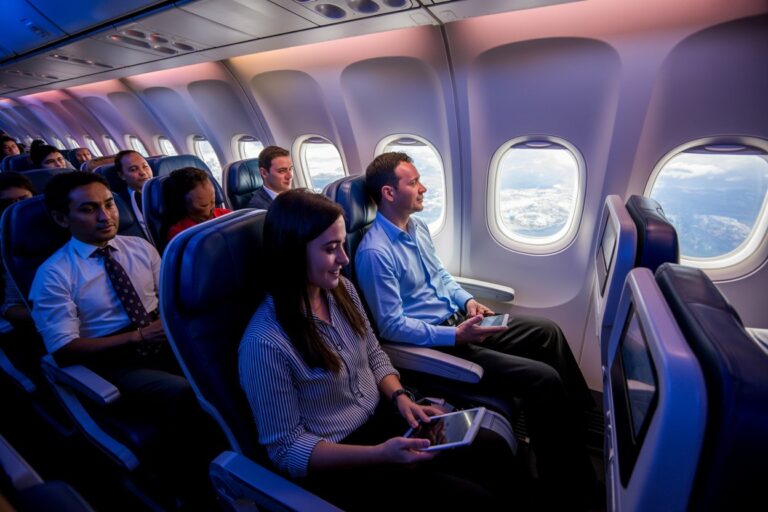 Passengers seated in a modern airplane cabin, some using tablets, with large windows showing the sky outside