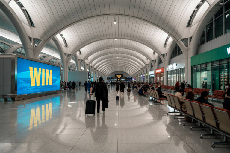 Busy airport concourse with a large blue 'WIN' advertisement on the left and travelers walking and seated along the right.