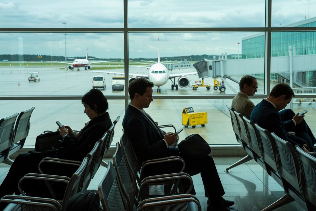 Passengers seated in a glass-walled airport terminal, each focused on their smartphones, with airplanes on the tarmac outside.