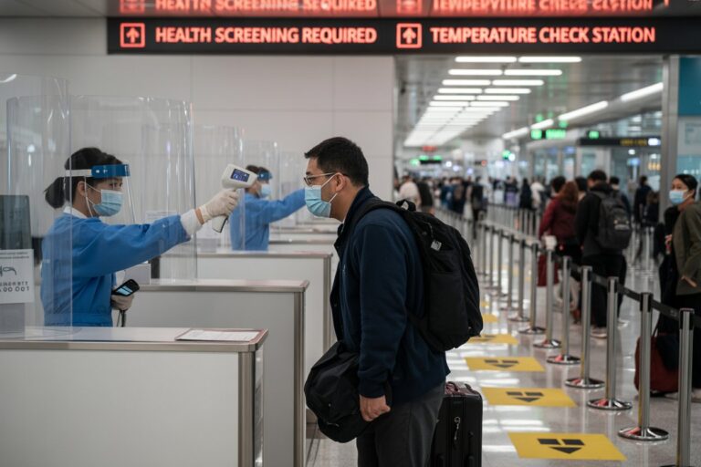 Traveler in a mask has his temperature checked by a nurse in PPE at an airport health screening station.