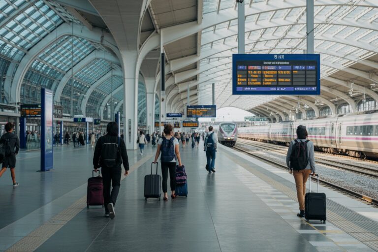 Travelers with rolling suitcases walk along a bright, arched train station platform beside a modern passenger train.
