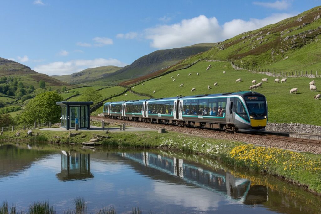 Modern passenger train traveling along a rural hillside with grazing sheep and a reflective river nearby, under a blue sky.