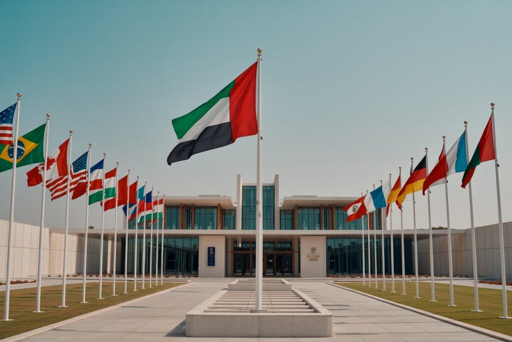 Front view of a modern government or cultural building with a central UAE flag and rows of international flags on both sides.