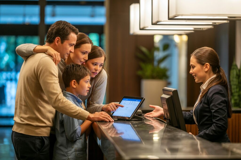 Family at a hotel reception, parents and two kids leaning over a tablet with a staff member at the counter guiding them.