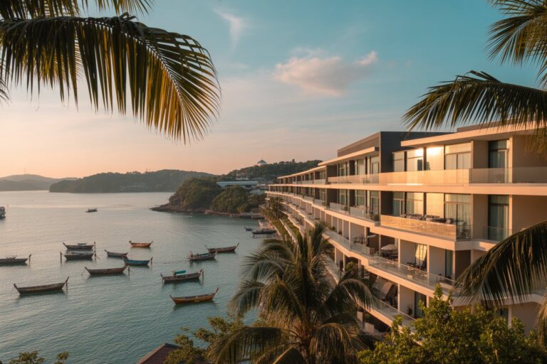 Sunset view of a modern beachfront hotel with balconies along the bay; small boats dot the calm water, palm trees in the foreground on both sides.