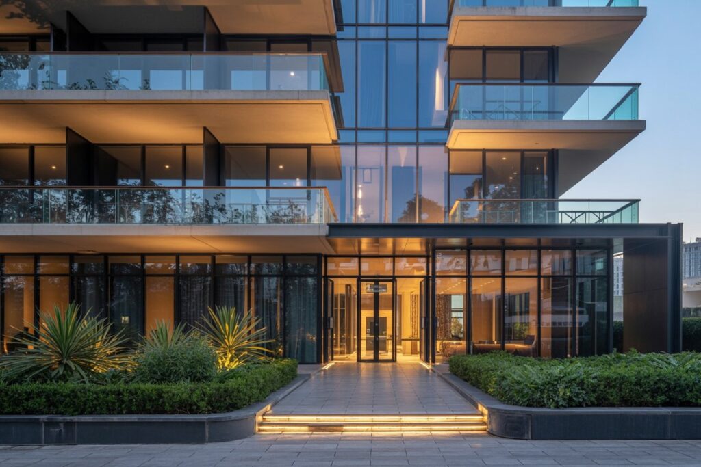 Modern glass-fronted building entrance with illuminated interior, brick and plant landscaping framing a lit walkway.