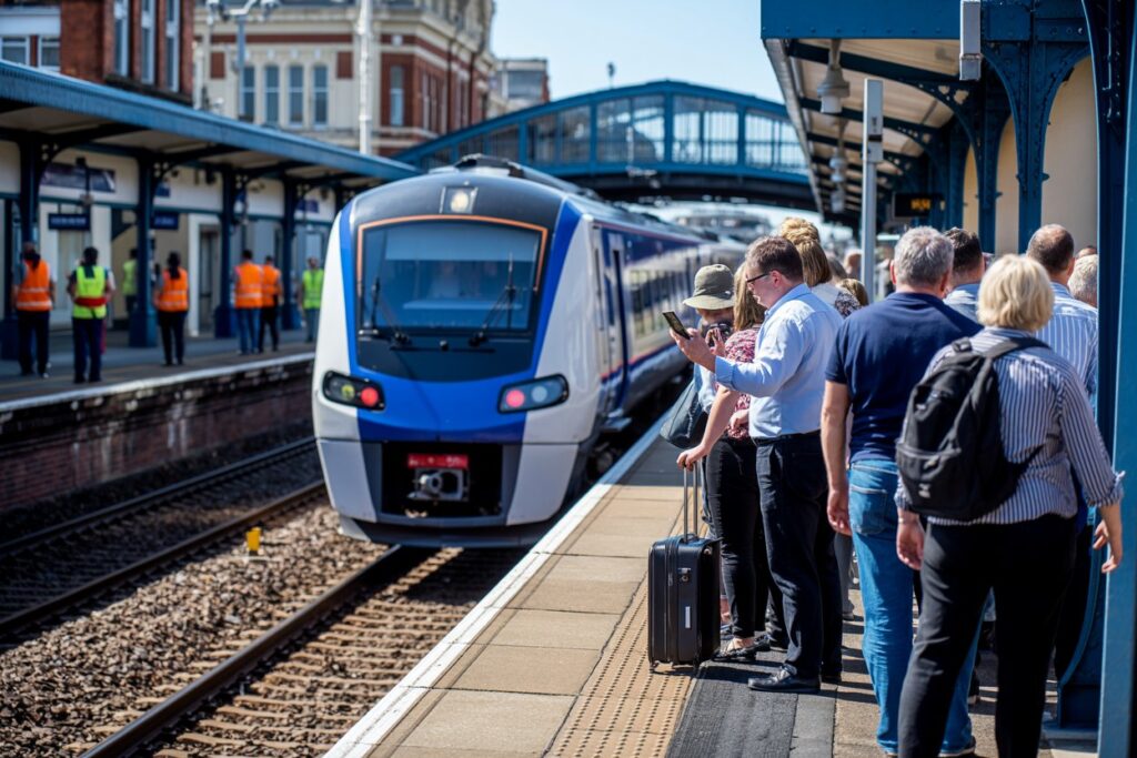 Passengers wait on the platform for a blue and white train arriving at the station, some with rolling suitcases nearby.