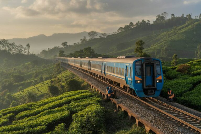 Blue passenger train on a curved elevated track weaving through lush tea plantations with distant hills.