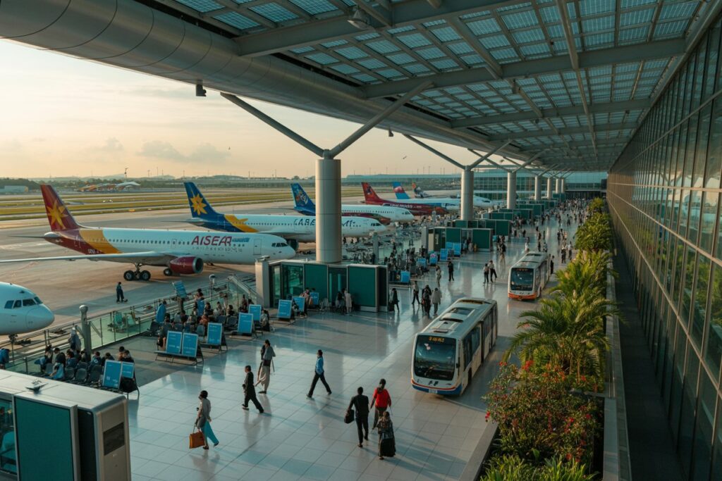 Bustling airport terminal with multiple airplanes parked at gates, passengers walking, and a tram along the concourse.