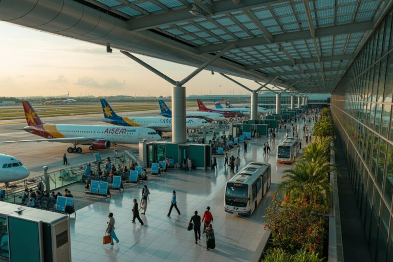 Bustling airport terminal with multiple airplanes parked at gates, passengers walking, and a tram along the concourse.