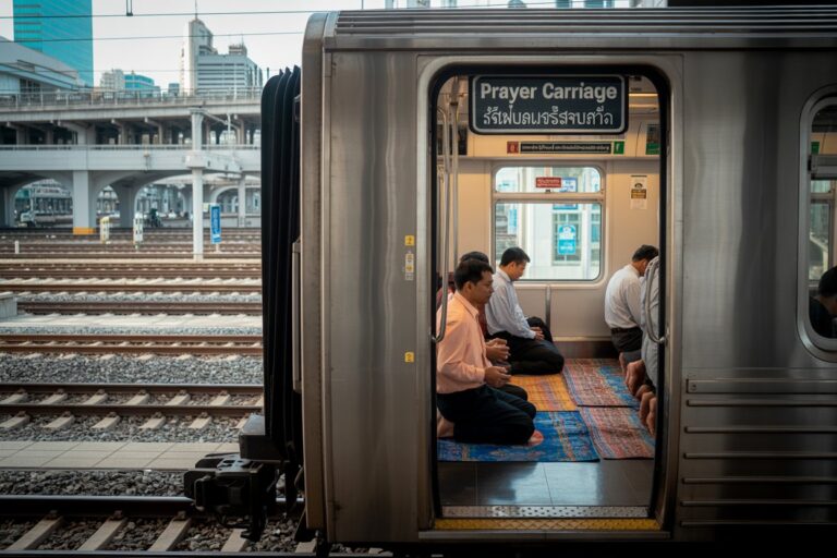 Inside a subway car labeled 'Prayer Carriage,' passengers kneel on prayer mats to pray.