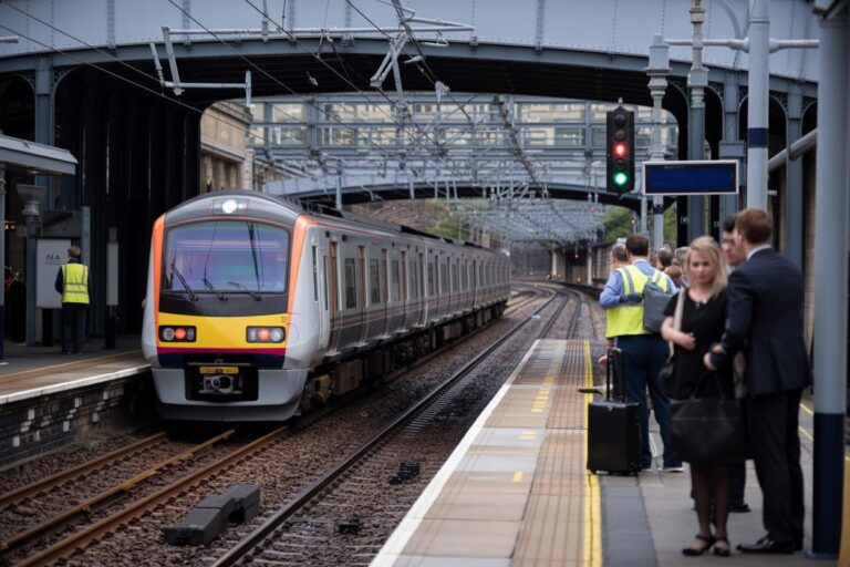 Passenger train pulling into a platform as commuters wait on the right, some in high-visibility vests and business attire with luggage nearby.