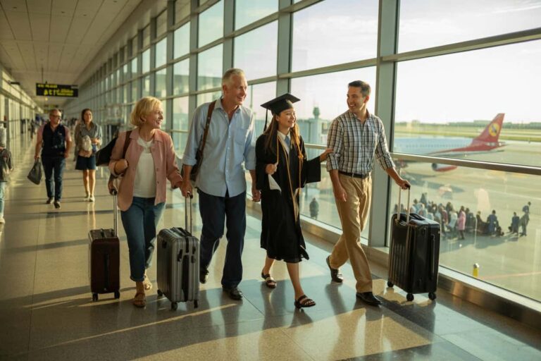 Graduate in cap and gown walking with family through a bright airport terminal with rolling suitcases beside large windows.