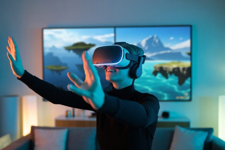 Person wearing a virtual reality headset and headphones, arms extended in a living room with a landscape display on a wall screen behind them.”,