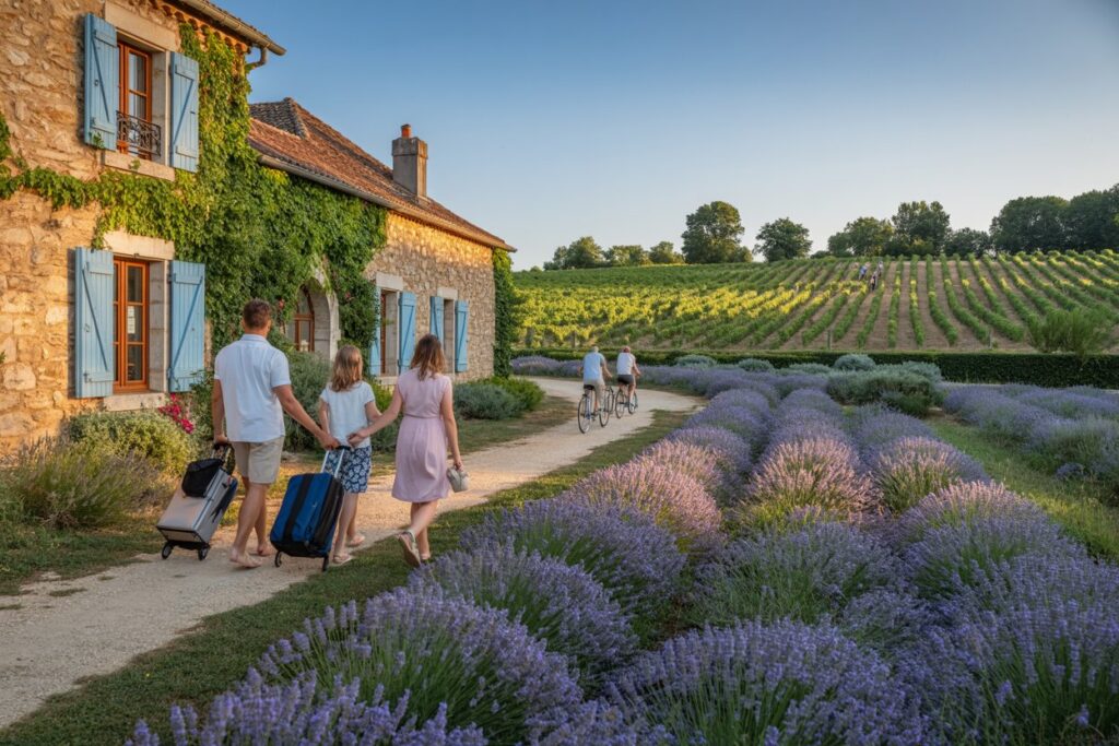 Family walking with suitcases along a gravel path beside a ivy-covered stone cottage with blue shutters and lavender fields nearby.