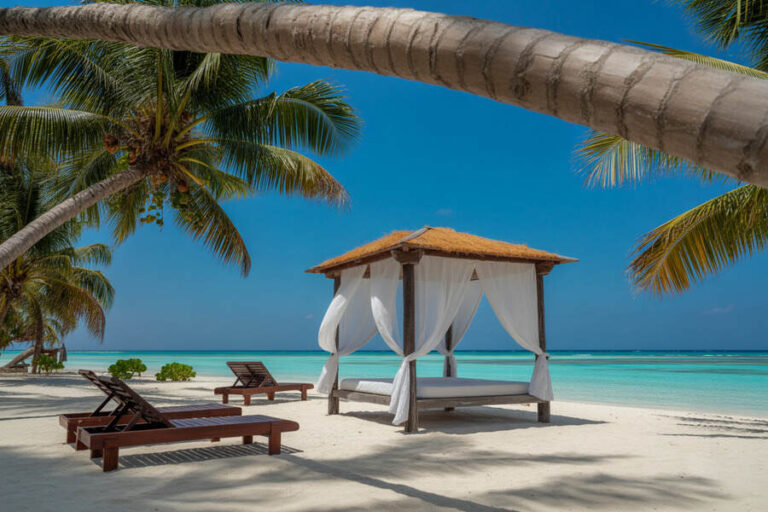 Tropical beach with white sand, turquoise water, tall palm trees, and a thatched cabana with white curtains and lounge chairs nearby.