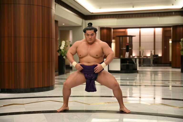 Sumo wrestler in a purple mawashi poses with a wide stance in a hotel lobby.