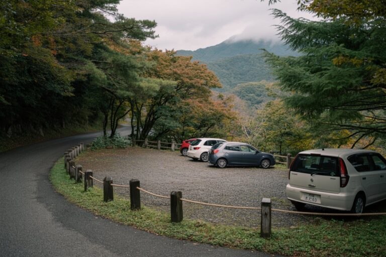 Parking area along a winding mountain road with several cars parked on gravel and a rope fence, surrounded by autumn trees and distant misty hills.